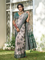 Thumbnail for Shree Shyam Fashion Cream With Dark Green Silk Blend Saree - Distacart