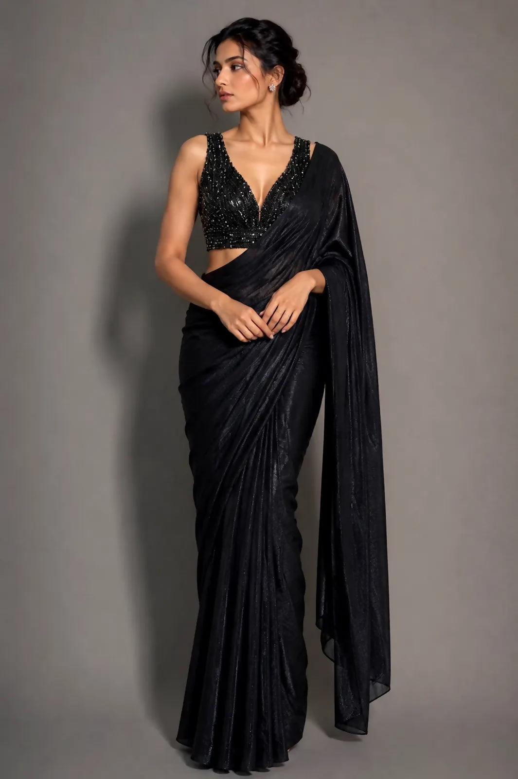 Creative Kendra Black Beads Shiny Georgette Partywear Saree Full Blouse