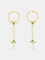 Thumbnail for Ruby Raang Gold Hand Accessory With Green- White Kundan And Pearls - Distacart