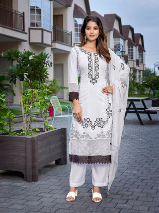 Malishka Women's Chanderi Embroidered Straight Kurta Pant With Dupatta - White & Black - Distacart