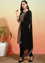 Thumbnail for Malishka Women's Black Crepe Printed Straight Kurta Pant With Dupatta - Black & White - Distacart