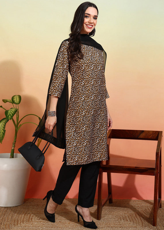 Malishka Women's Black Crepe Printed Straight Kurta Pant With Dupatta - Black & White - Distacart