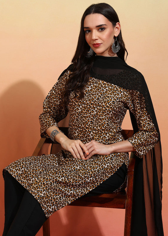 Malishka Women's Black Crepe Printed Straight Kurta Pant With Dupatta - Black & White - Distacart