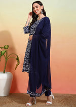 Thumbnail for Malishka Women's Navy Crepe Printed Straight Kurta Pant With Dupatta - Navy Blue - Distacart