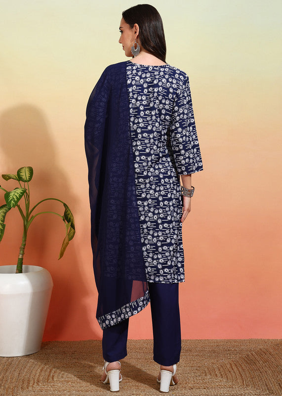 Malishka Women's Navy Crepe Printed Straight Kurta Pant With Dupatta - Navy Blue - Distacart