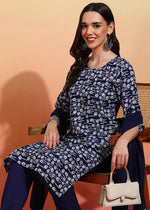 Thumbnail for Malishka Women's Navy Crepe Printed Straight Kurta Pant With Dupatta - Navy Blue - Distacart