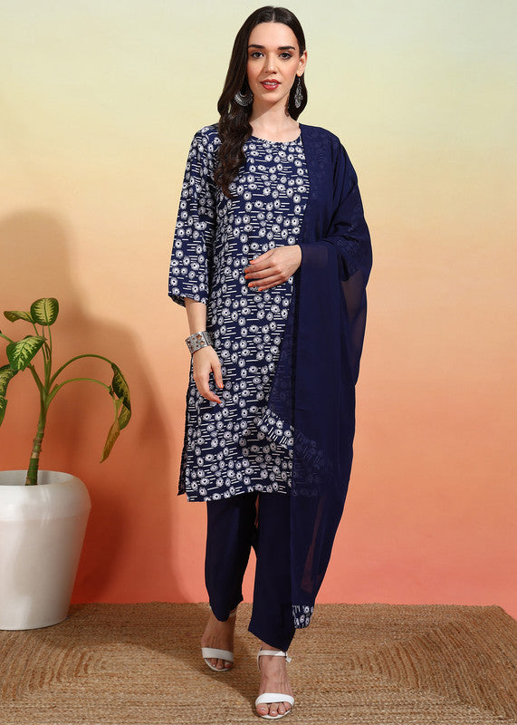 Malishka Women's Navy Crepe Printed Straight Kurta Pant With Dupatta - Navy Blue - Distacart