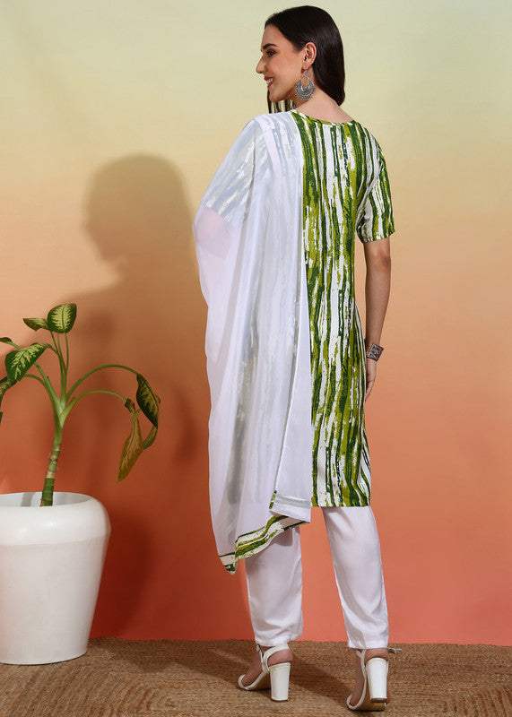 Malishka Women's Green Crepe Printed Straight Kurta Pant With Dupatta - Green & White - Distacart