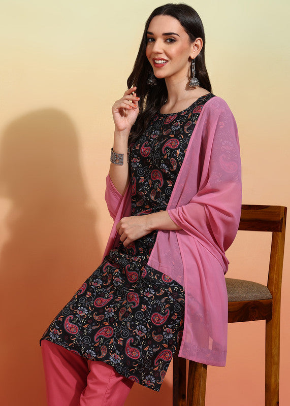 Malishka Women's Black Pink Crepe Printed Straight Kurta Pant With Dupatta - Black & Pink - Distacart