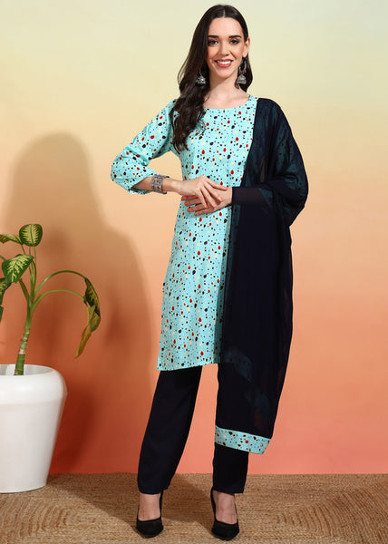 Malishka Women's Black Sky Crepe Printed Straight Kurta Pant With Dupatta - Sky Blue - Distacart