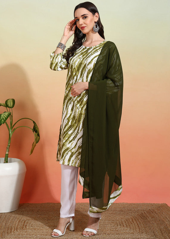 Malishka Women's Mehendi Crepe Printed Straight Kurta Pant With Dupatta - Mehndi Green - Distacart