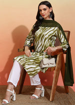 Thumbnail for Malishka Women's Mehendi Crepe Printed Straight Kurta Pant With Dupatta - Mehndi Green - Distacart