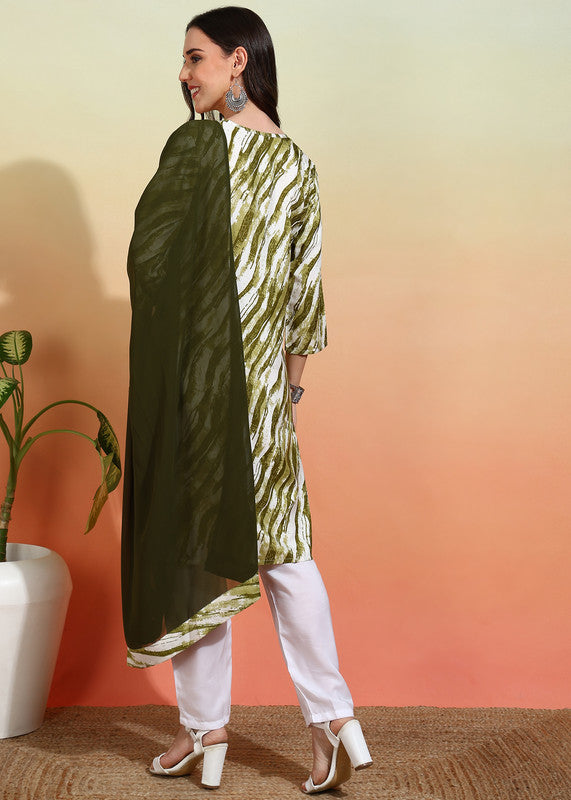 Malishka Women's Mehendi Crepe Printed Straight Kurta Pant With Dupatta - Mehndi Green - Distacart