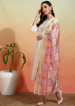 Thumbnail for Malishka Women's Chanderi Embroidered Straight Kurta Pant With Dupatta - White - Distacart
