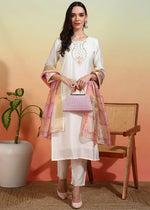 Thumbnail for Malishka Women's Chanderi Embroidered Straight Kurta Pant With Dupatta - White - Distacart