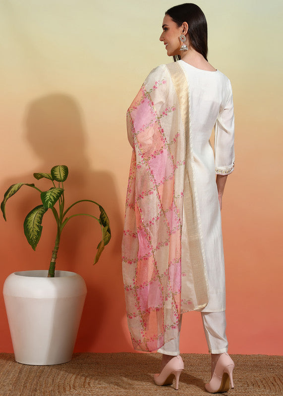 Malishka Women's Chanderi Embroidered Straight Kurta Pant With Dupatta - White - Distacart