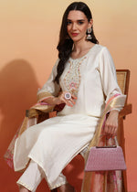 Thumbnail for Malishka Women's Chanderi Embroidered Straight Kurta Pant With Dupatta - White - Distacart