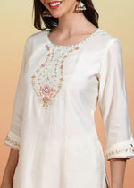 Thumbnail for Malishka Women's Chanderi Embroidered Straight Kurta Pant With Dupatta - White - Distacart