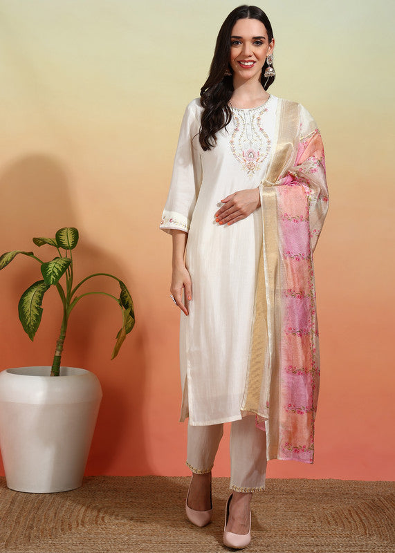 Malishka Women's Chanderi Embroidered Straight Kurta Pant With Dupatta - White - Distacart