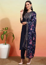Thumbnail for Malishka Women's Chanderi Embroidered Straight Kurta Pant With Dupatta - Navy Blue - Distacart