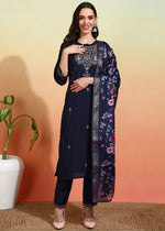 Thumbnail for Malishka Women's Chanderi Embroidered Straight Kurta Pant With Dupatta - Navy Blue - Distacart
