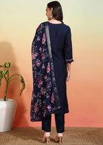 Thumbnail for Malishka Women's Chanderi Embroidered Straight Kurta Pant With Dupatta - Navy Blue - Distacart