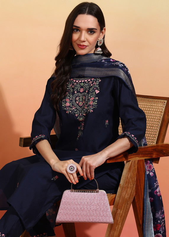 Malishka Women's Chanderi Embroidered Straight Kurta Pant With Dupatta - Navy Blue - Distacart