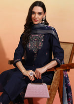 Thumbnail for Malishka Women's Chanderi Embroidered Straight Kurta Pant With Dupatta - Navy Blue - Distacart