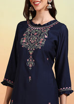Thumbnail for Malishka Women's Chanderi Embroidered Straight Kurta Pant With Dupatta - Navy Blue - Distacart