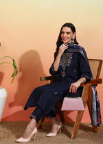 Thumbnail for Malishka Women's Chanderi Embroidered Straight Kurta Pant With Dupatta - Navy Blue - Distacart