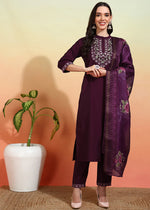 Thumbnail for Malishka Women's Chanderi Embroidered Straight Kurta Pant With Dupatta - Wine - Distacart