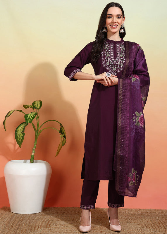 Malishka Women's Chanderi Embroidered Straight Kurta Pant With Dupatta - Wine - Distacart