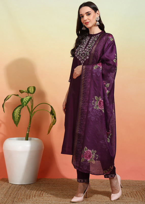 Malishka Women's Chanderi Embroidered Straight Kurta Pant With Dupatta - Wine - Distacart