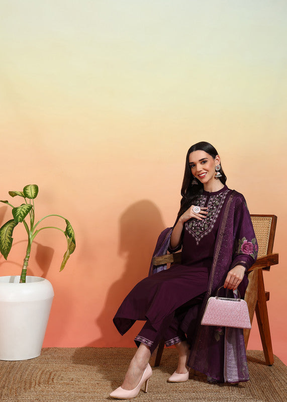 Malishka Women's Chanderi Embroidered Straight Kurta Pant With Dupatta - Wine - Distacart