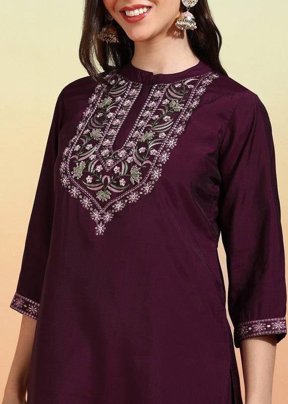 Malishka Women's Chanderi Embroidered Straight Kurta Pant With Dupatta - Wine - Distacart
