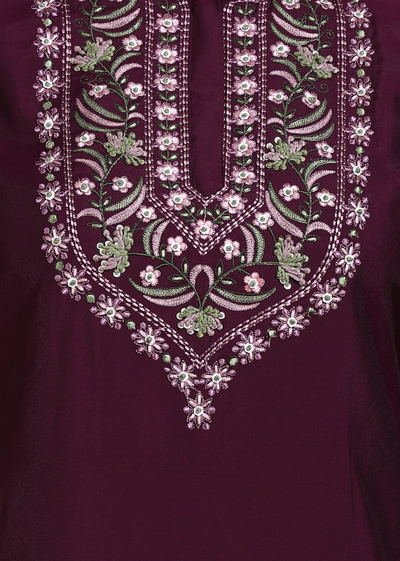 Malishka Women's Chanderi Embroidered Straight Kurta Pant With Dupatta - Wine - Distacart
