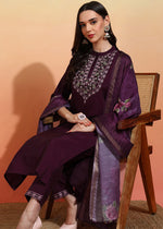 Thumbnail for Malishka Women's Chanderi Embroidered Straight Kurta Pant With Dupatta - Wine - Distacart