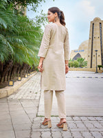 Thumbnail for Malishka Women's Khadi Cotton Printed Straight Kurta Pant Set - Beige & Blue - Distacart