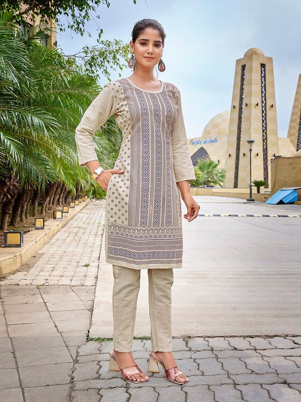 Malishka Women's Khadi Cotton Printed Straight Kurta Pant Set - Beige & Blue - Distacart
