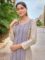Thumbnail for Malishka Women's Khadi Cotton Printed Straight Kurta Pant Set - Beige & Blue - Distacart