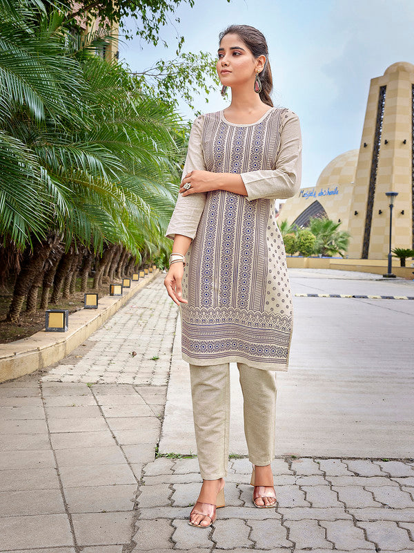 Malishka Women's Khadi Cotton Printed Straight Kurta Pant Set - Beige & Blue - Distacart