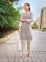 Thumbnail for Malishka Women's Khadi Cotton Printed Straight Kurta Pant Set - Beige & Blue - Distacart