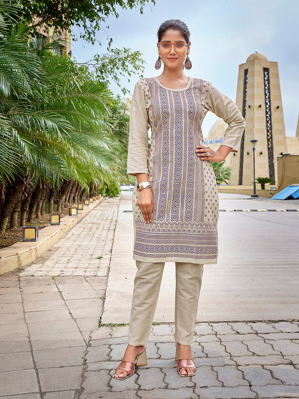 Malishka Women's Khadi Cotton Printed Straight Kurta Pant Set - Beige & Blue - Distacart