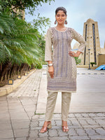 Thumbnail for Malishka Women's Khadi Cotton Printed Straight Kurta Pant Set - Beige & Blue - Distacart