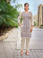 Thumbnail for Malishka Women's Khadi Cotton Printed Straight Kurta Pant Set - Beige & Blue - Distacart