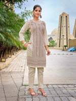 Thumbnail for Malishka Women's Khadi Cotton Printed Straight Kurta Pant Set - Beige & Brown - Distacart