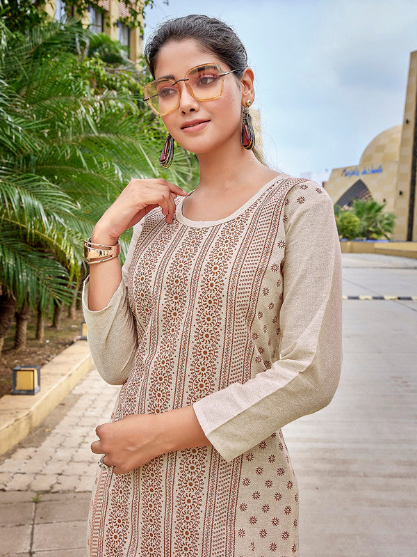 Malishka Women's Khadi Cotton Printed Straight Kurta Pant Set - Beige & Brown - Distacart