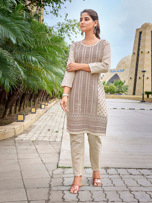 Malishka Women's Khadi Cotton Printed Straight Kurta Pant Set - Beige & Brown - Distacart