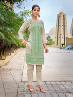 Thumbnail for Malishka Women's Khadi Cotton Printed Straight Kurta Pant Set - Beige & Green - Distacart