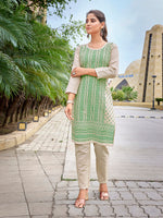 Thumbnail for Malishka Women's Khadi Cotton Printed Straight Kurta Pant Set - Beige & Green - Distacart